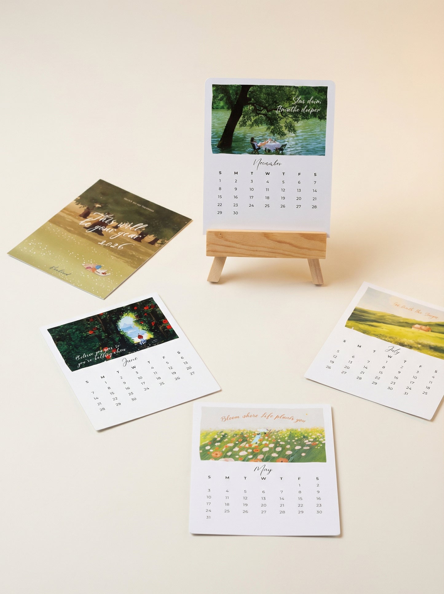 2026 Illustrated Mini Desk Calendar with Wooden Stand