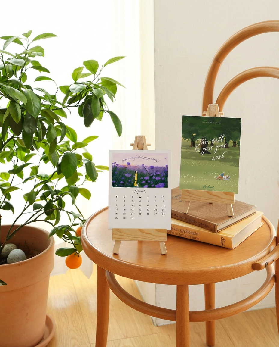 2026 Illustrated Mini Desk Calendar with Wooden Stand